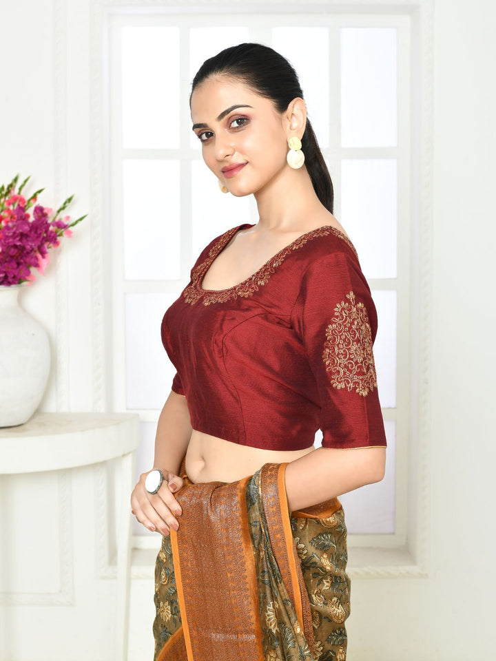 Deep Maroon Elbow Length Embroidered Blouse