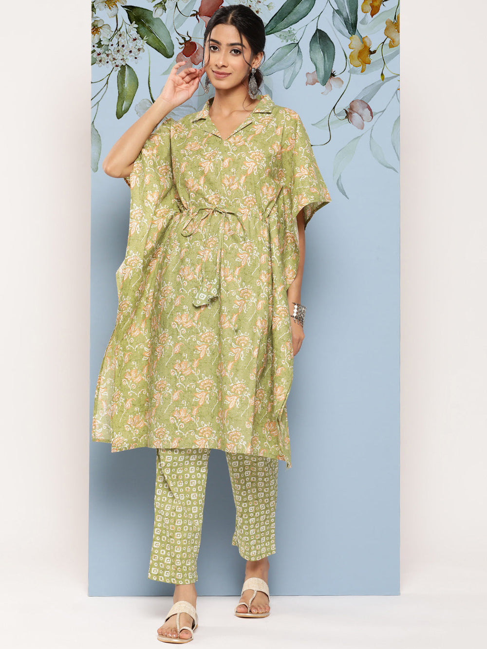 Green-Floral-Print-Regular-Pure-Cotton-Kaftan-With-Trousers-8512CRDGR