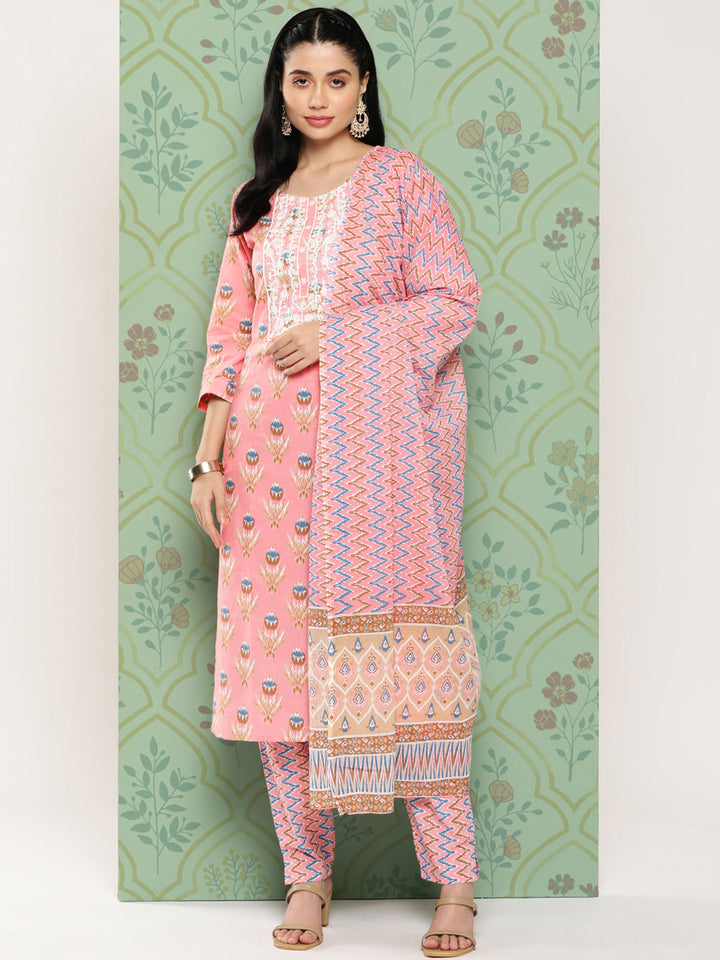 Floral-Embroidered-Regular-Pure-Cotton-Kurta-With-Trousers-&-Dupatta