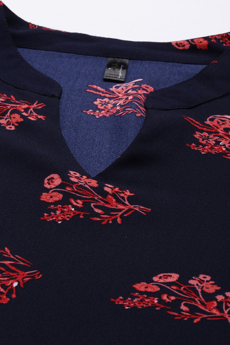 ZERESOUQ-Dark-Blue-&-Pink-Georgette-Floral-Printed-Top