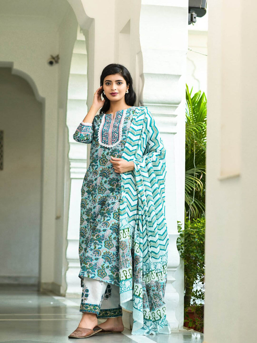 Blue Handblock Printed Dupatta Set