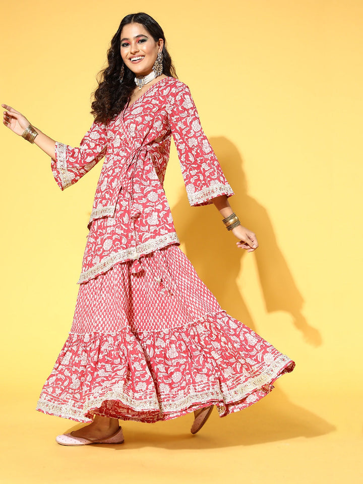 Peach-Printed-Cotton-Kurti-Skirt-&-Dupatta