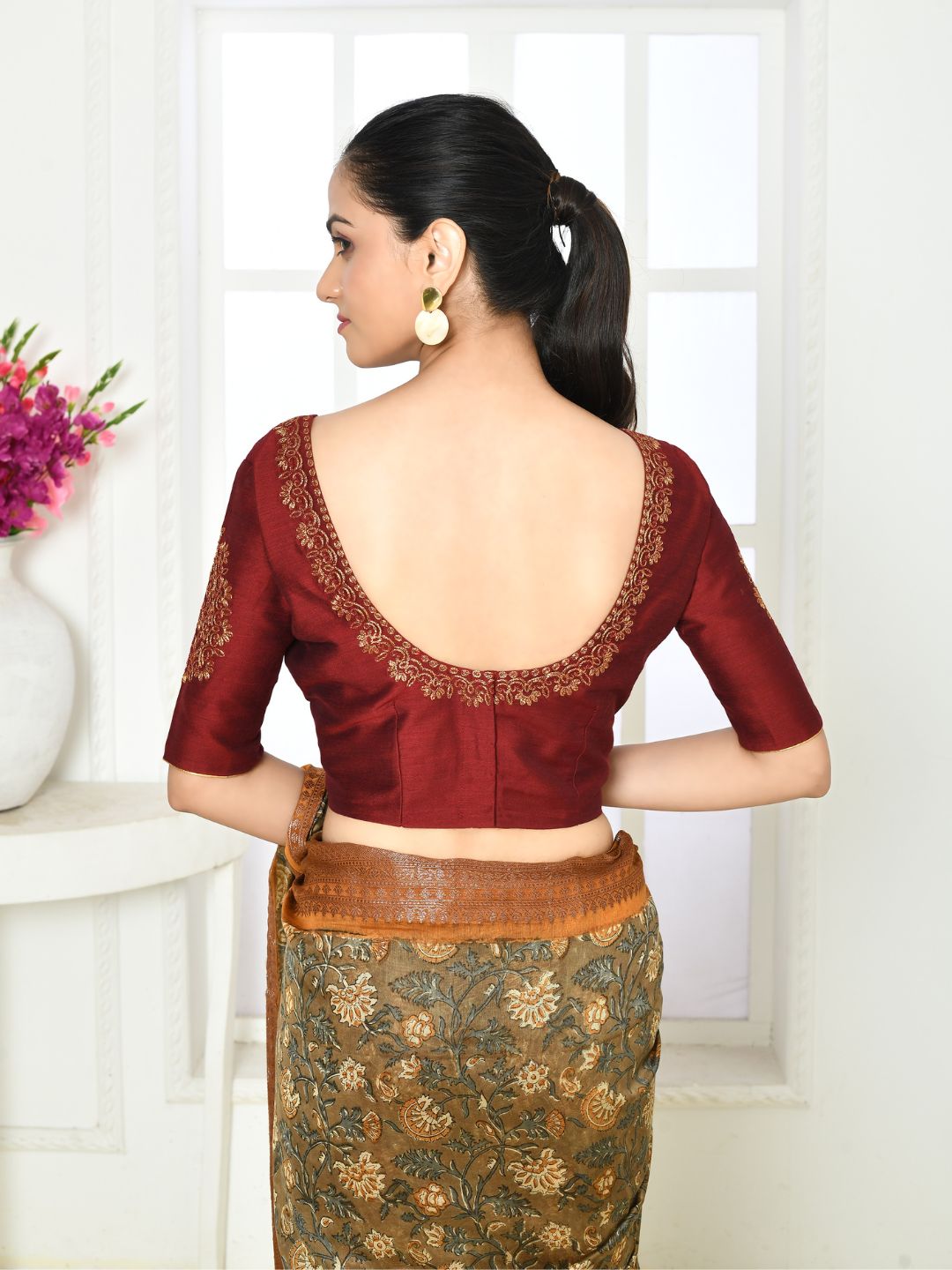 Deep Maroon Elbow Length Embroidered Blouse