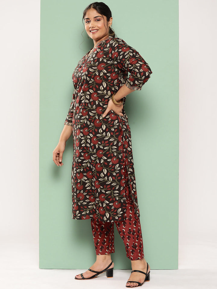Floral Printed Pure Cotton Kurta With Trousers & Dupatta Set