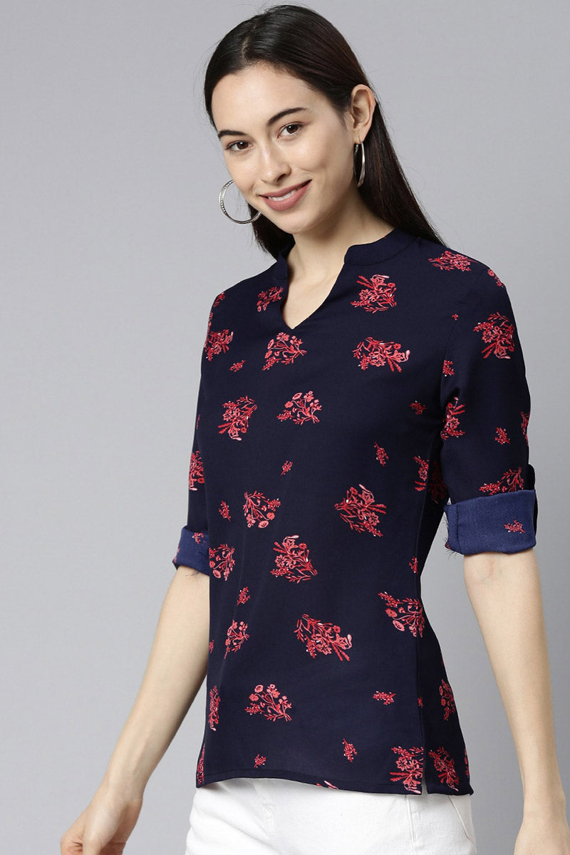 ZERESOUQ-Dark-Blue-&-Pink-Georgette-Floral-Printed-Top