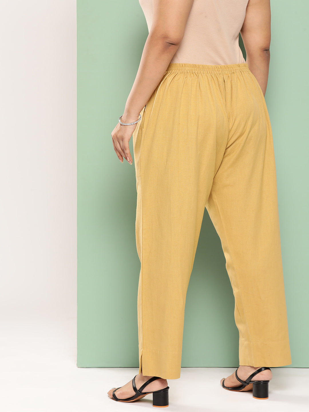 Slim Fit Pure Cotton Yellow Trousers