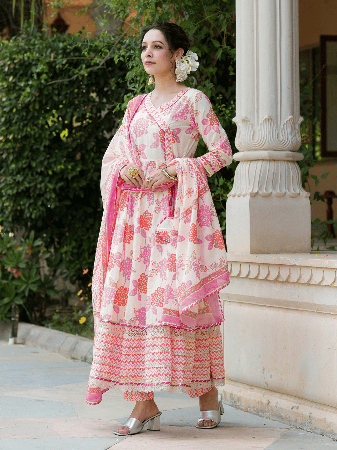 White-Floral-Printed-Angrakha-Pure-Cotton-Kurta-With-Trousers-Dupatta-1314SKDWH