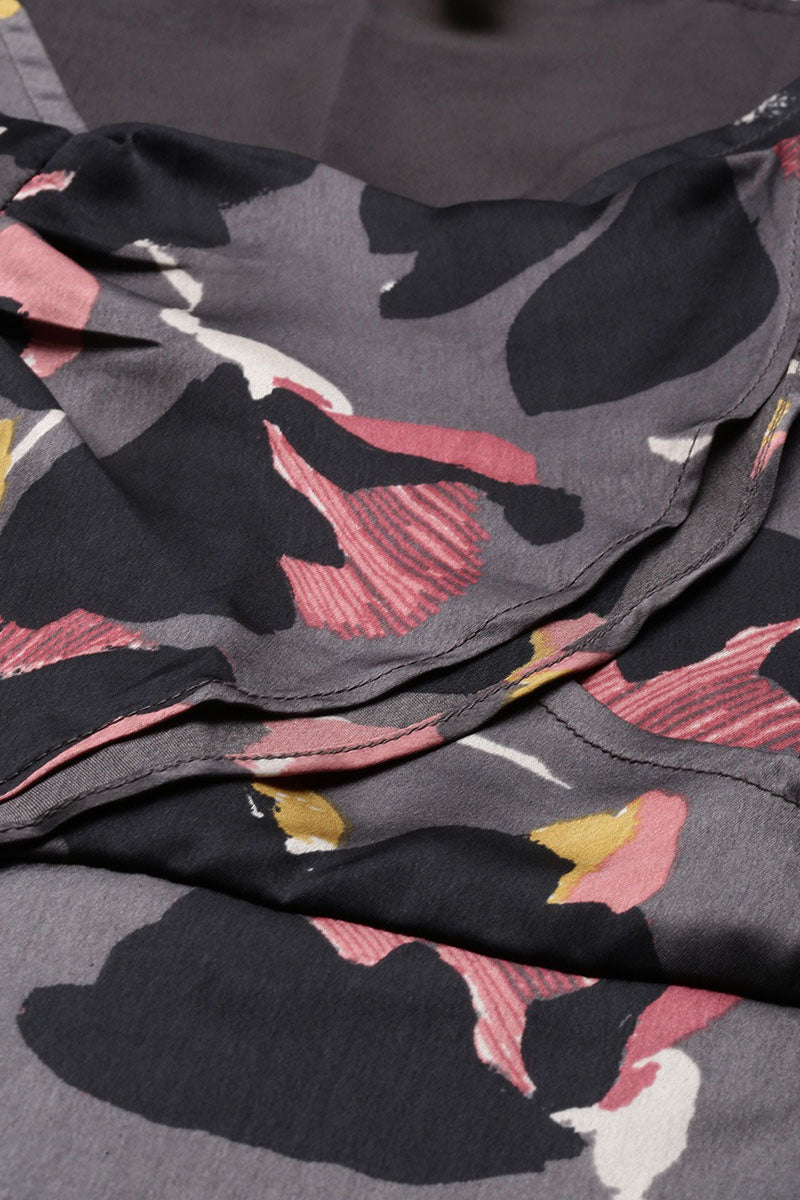 Grey Satin Crepe Floral Printed Wrap Tiered Dress