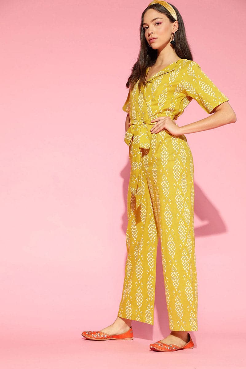 Mustard Cotton Printed Wrap-Style Jumpsuit
