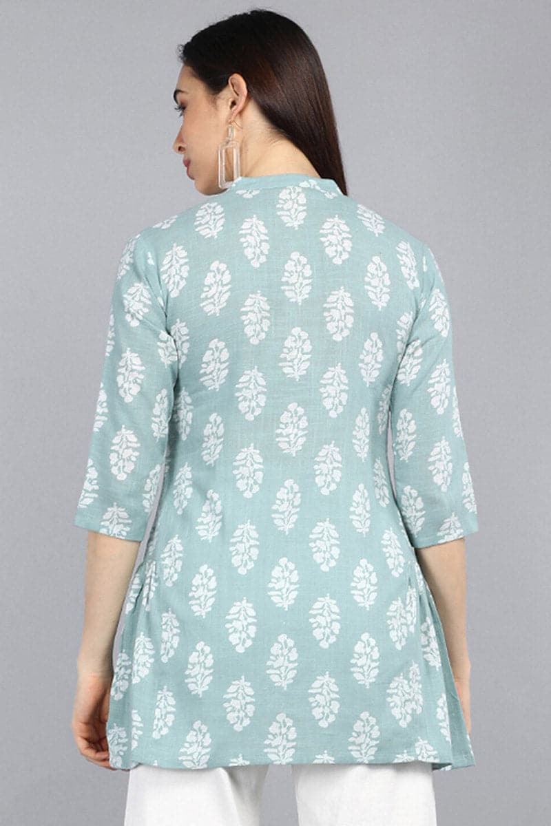 ZERESOUQ-Pista-Green-Cotton-Ethnic-Motifs-Ajrakh-Printed-Tunic-Top