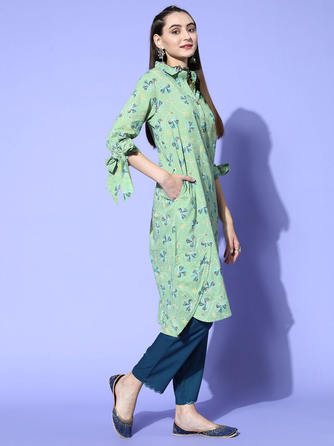 Cement Green Floral Kurta with Tie-Up Sleeves