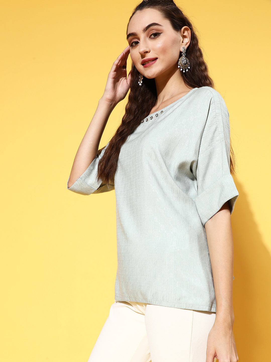 Gray Self Woven Embellish Top with Tie-Up