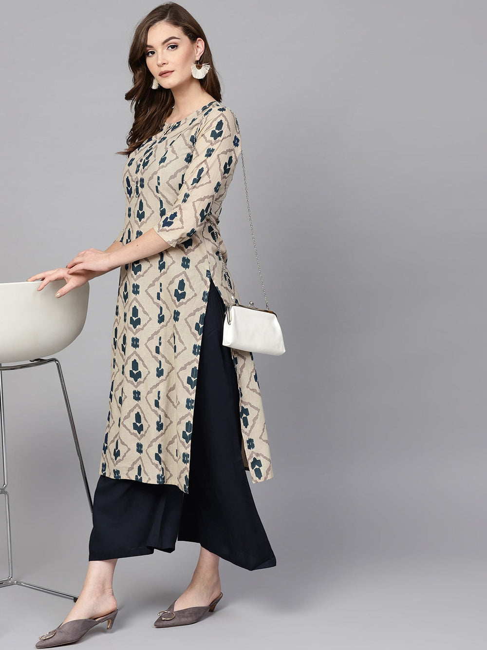 Beige & Blue Printed Kurta Set