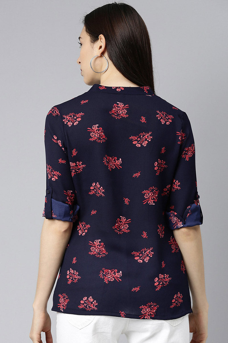ZERESOUQ-Dark-Blue-&-Pink-Georgette-Floral-Printed-Top