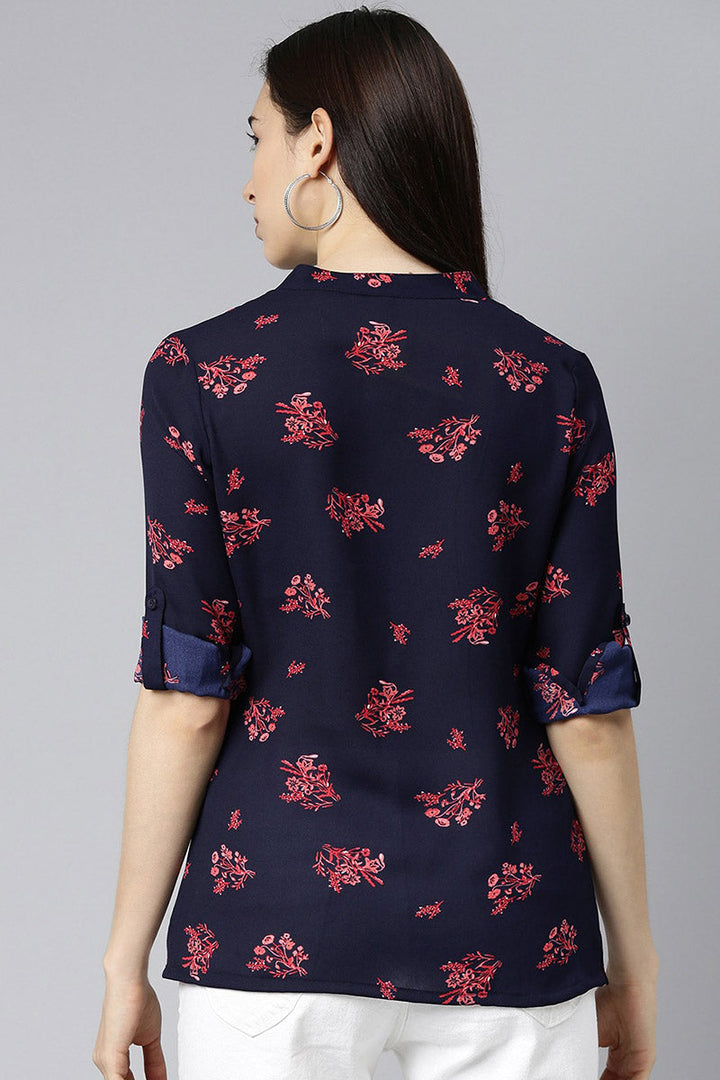 ZERESOUQ-Dark-Blue-&-Pink-Georgette-Floral-Printed-Top