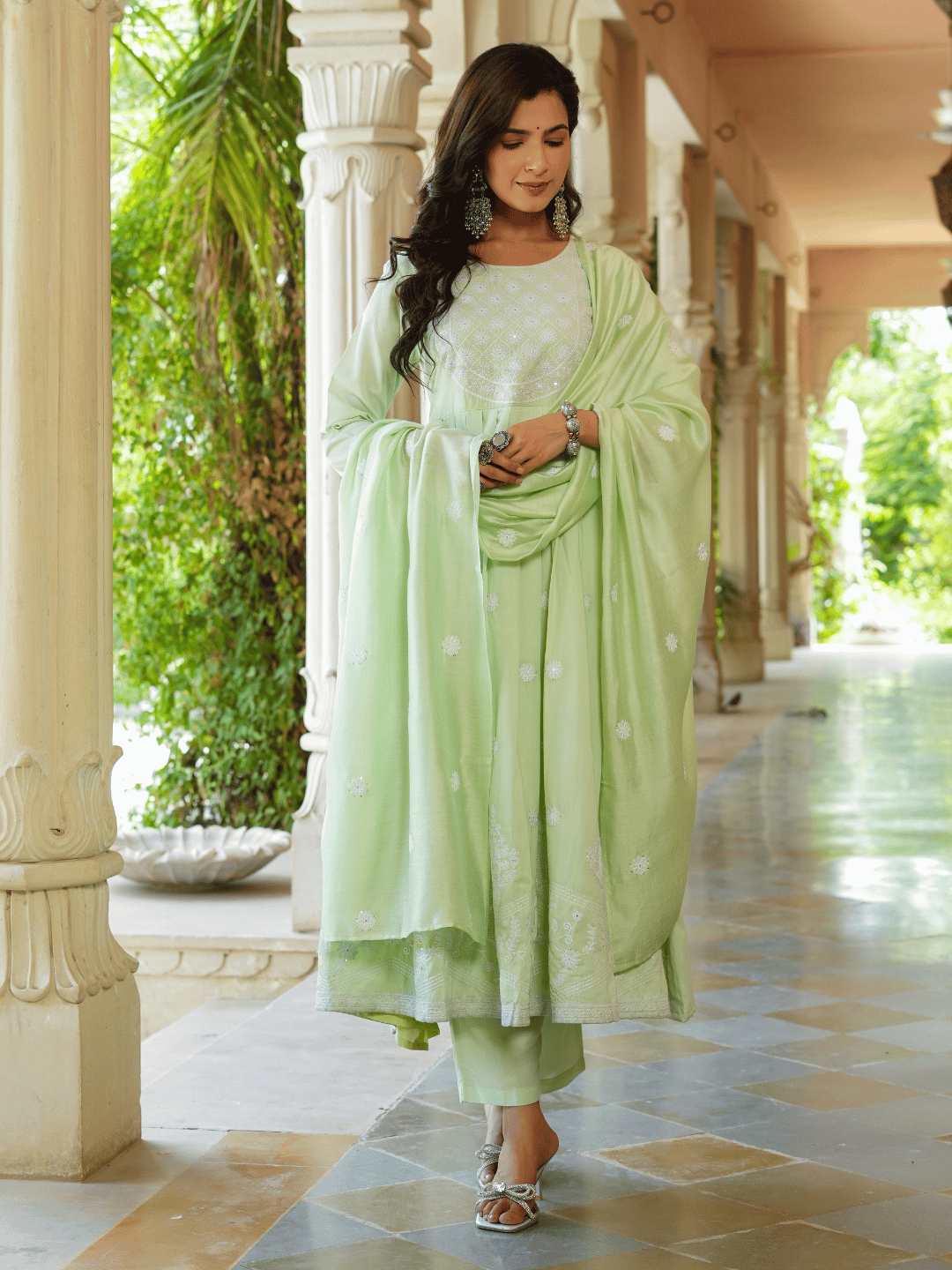Green-Embroidered-Fit-And-Flare-Kurta-With-Trouser-And-Dupatta