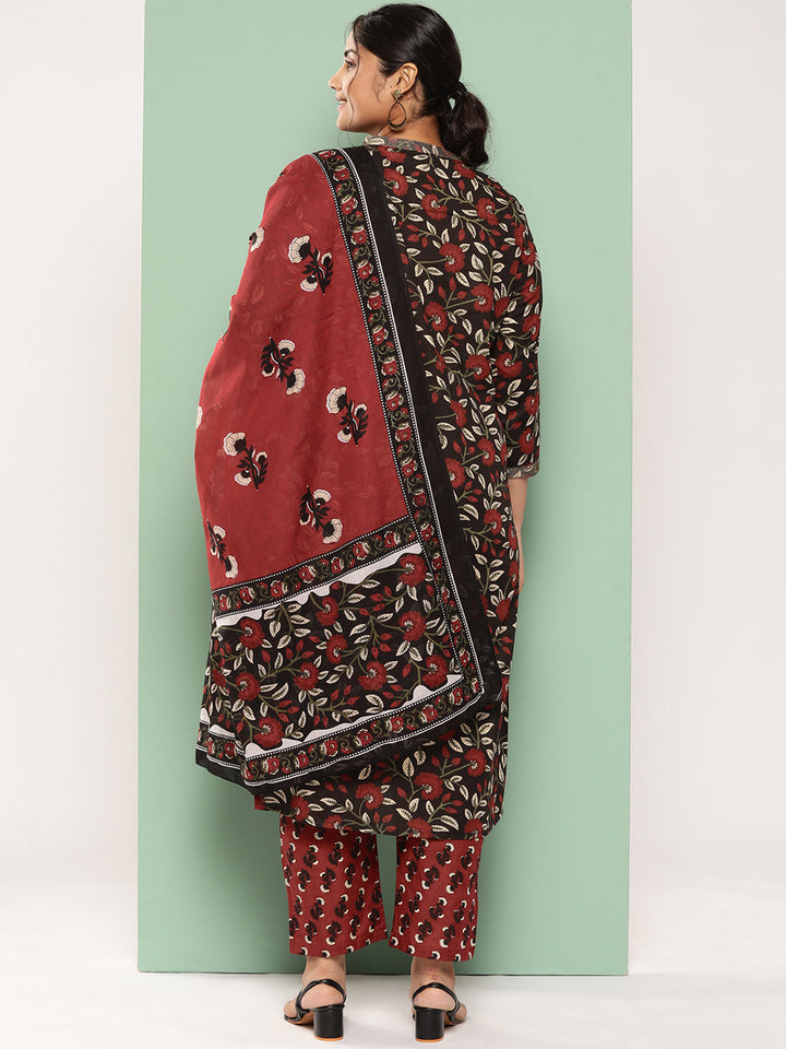Floral-Printed-Pure-Cotton-Kurta-With-Trousers-&-With-Dupatta-9459PSKDBK