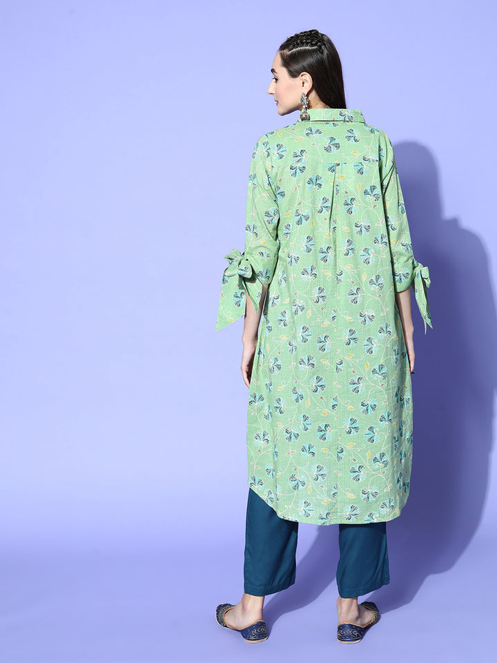 Cement Green Floral Kurta with Tie-Up Sleeves