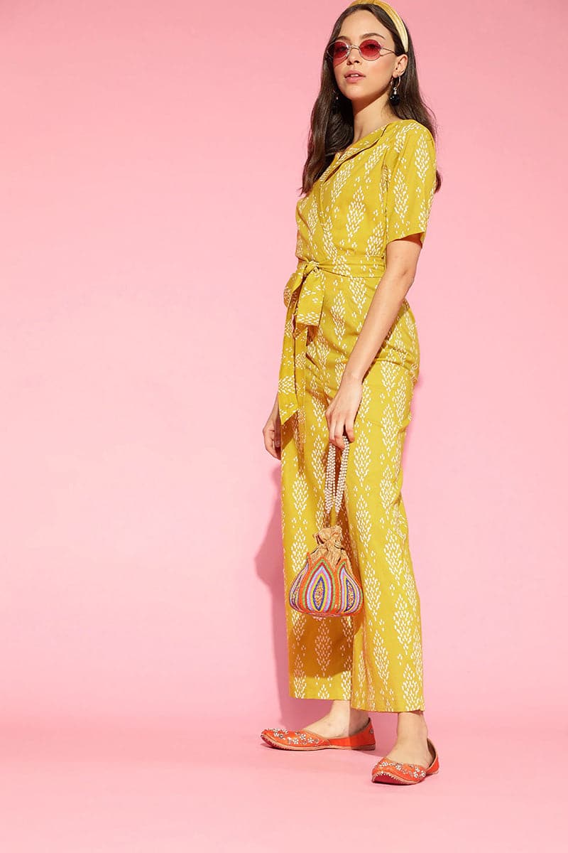 Mustard Cotton Printed Wrap-Style Jumpsuit