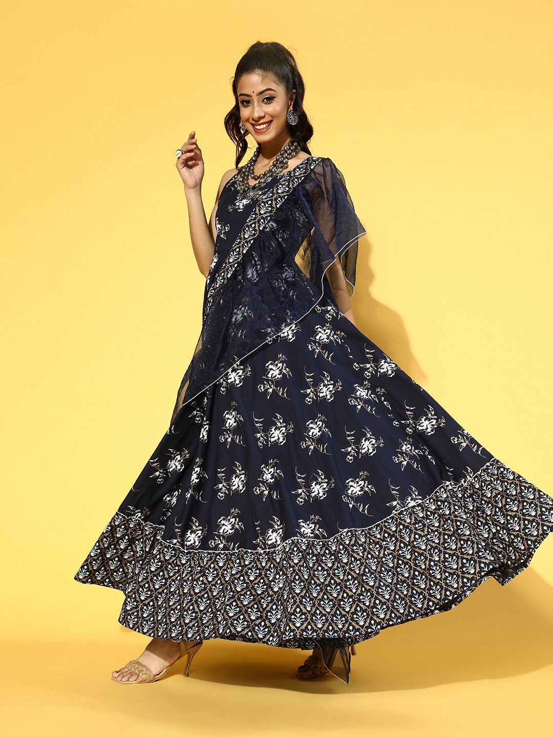 Navy Blue & White Printed Dress Dupatta