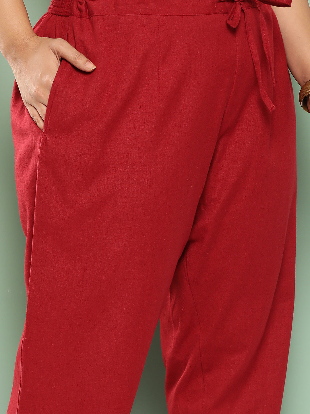 Slim Fit Pure Cotton Maroon Trousers