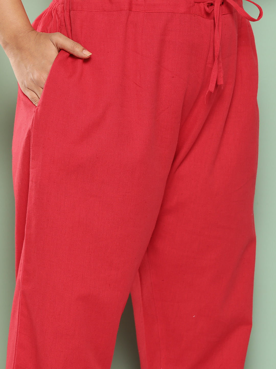 Slim Fit Pure Cotton Red Trousers
