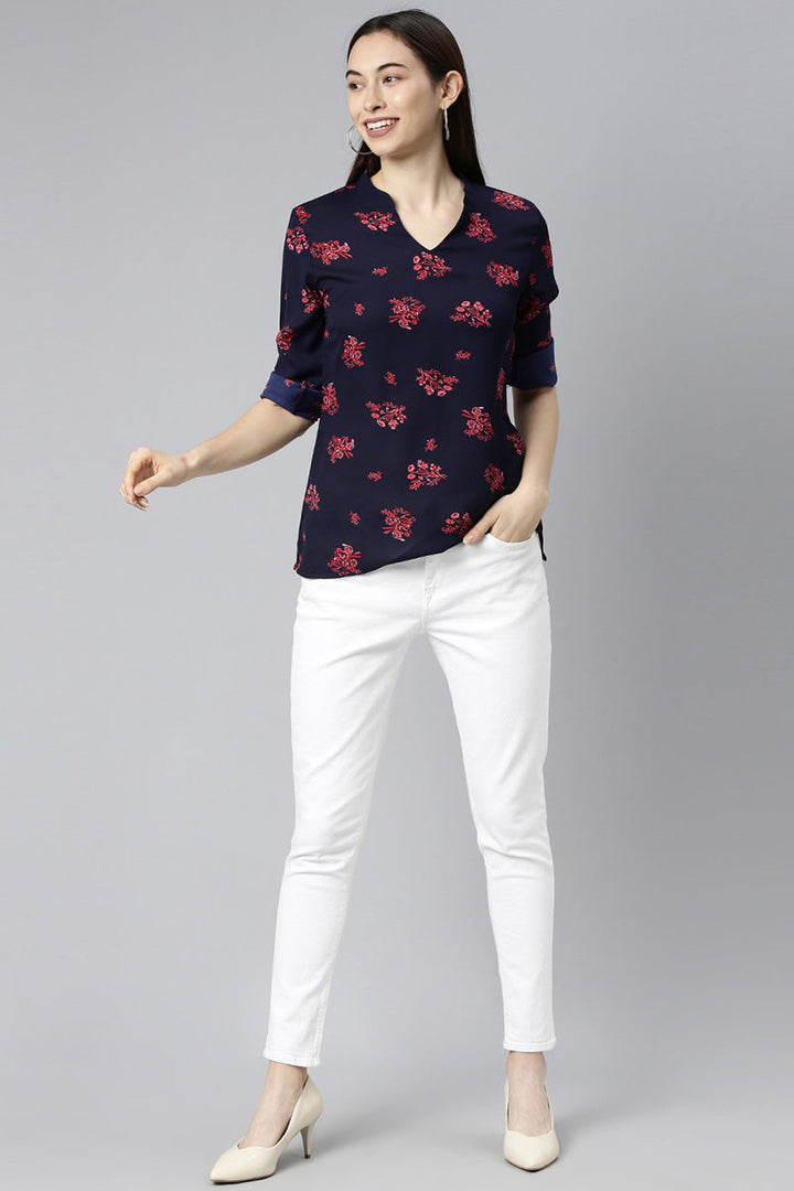 ZERESOUQ-Dark-Blue-&-Pink-Georgette-Floral-Printed-Top