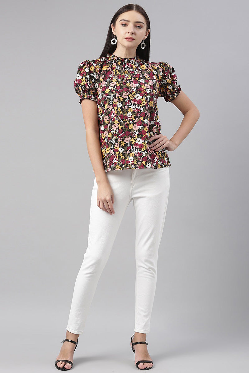 Multicolored Floral Printed Georgette High-Neck Top