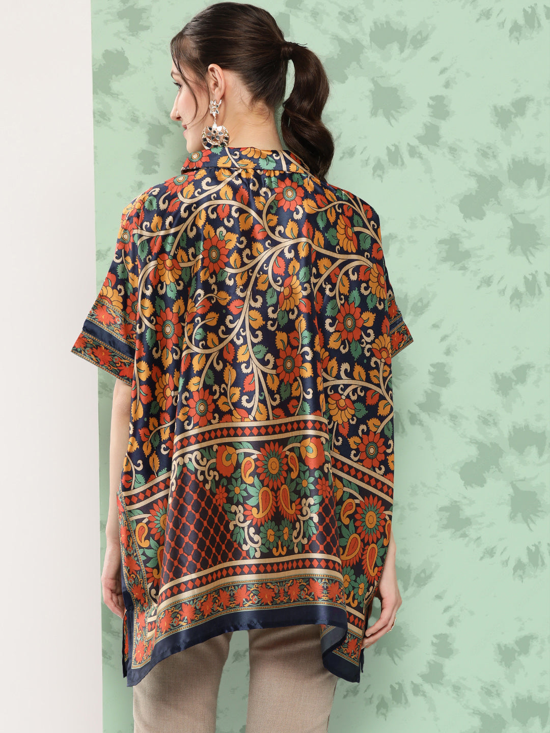 Printed Kimono Sleeve Kaftan Longline Top