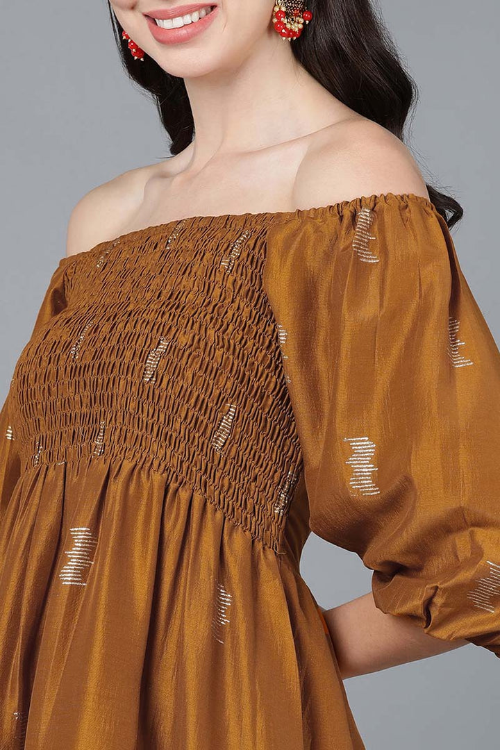 Bronze Crepe Shirring Ikkat Embroidered Midi Dress