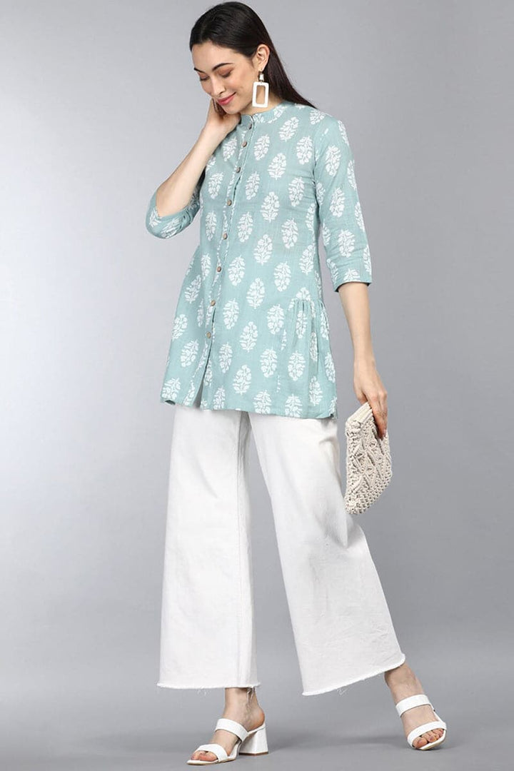 ZERESOUQ-Pista-Green-Cotton-Ethnic-Motifs-Ajrakh-Printed-Tunic-Top