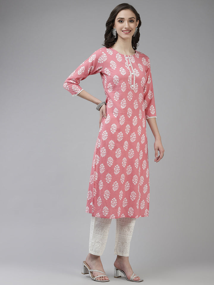 Pink-Ethnic-Printed-Straight-Pure-Cotton-Kurta-With-Trousers-And-Dupatta