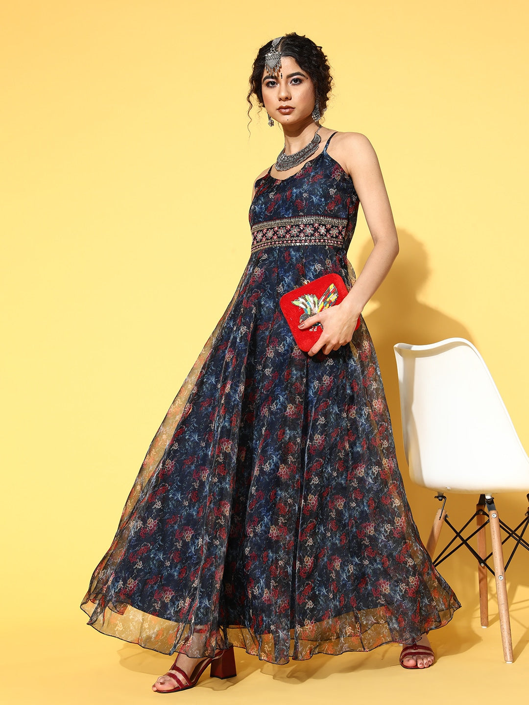 Orange Floral Block Print Indowestern Dress Latest 502KR05