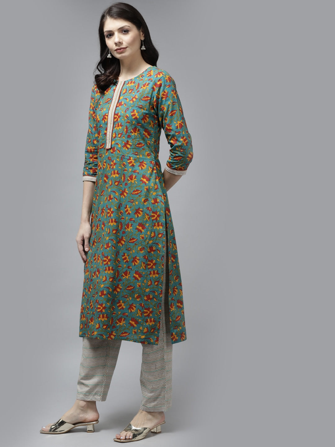 Green-Printed-Cotton-Kurta-Set