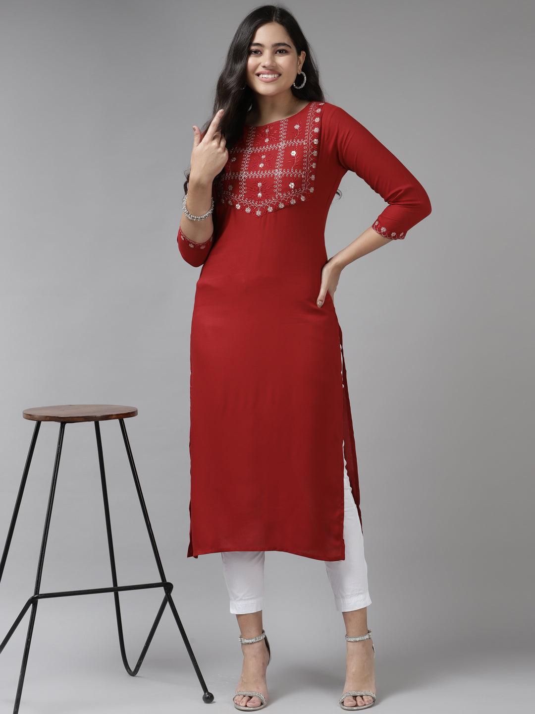 Red-Thread-Work-Viscose-Rayon-Kurta