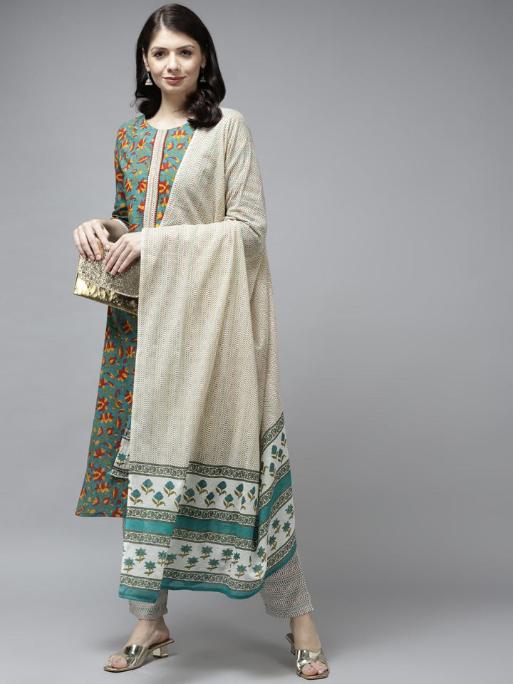 Green-Printed-Cotton-Kurta-Set