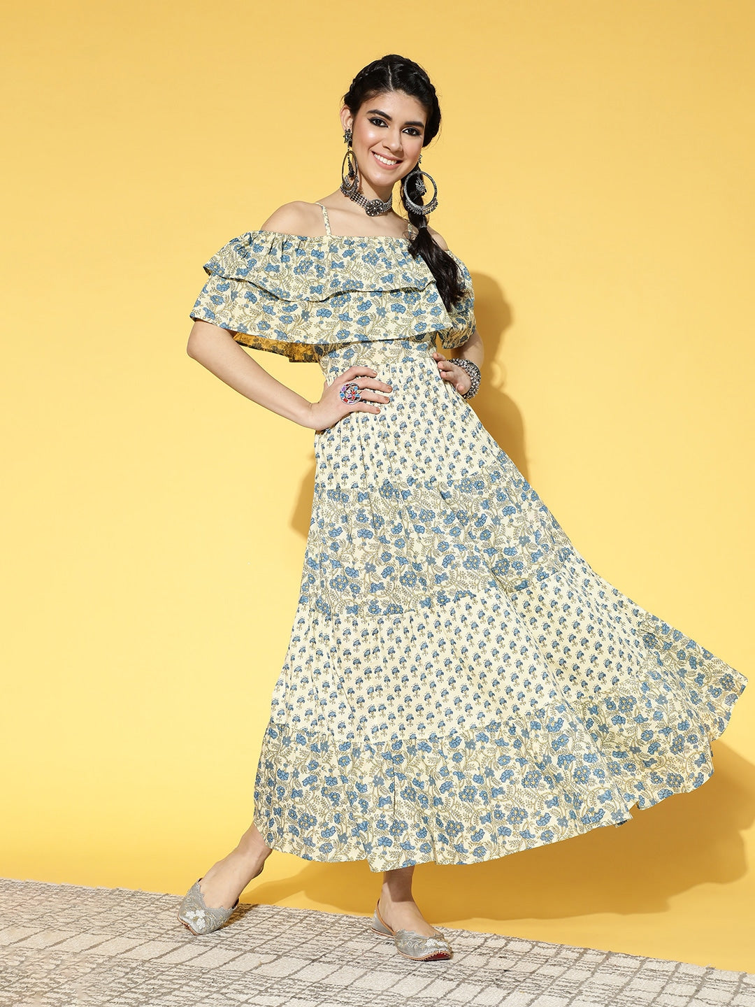 Beige-Ethnic-Printed-Dress-9570DRSBG