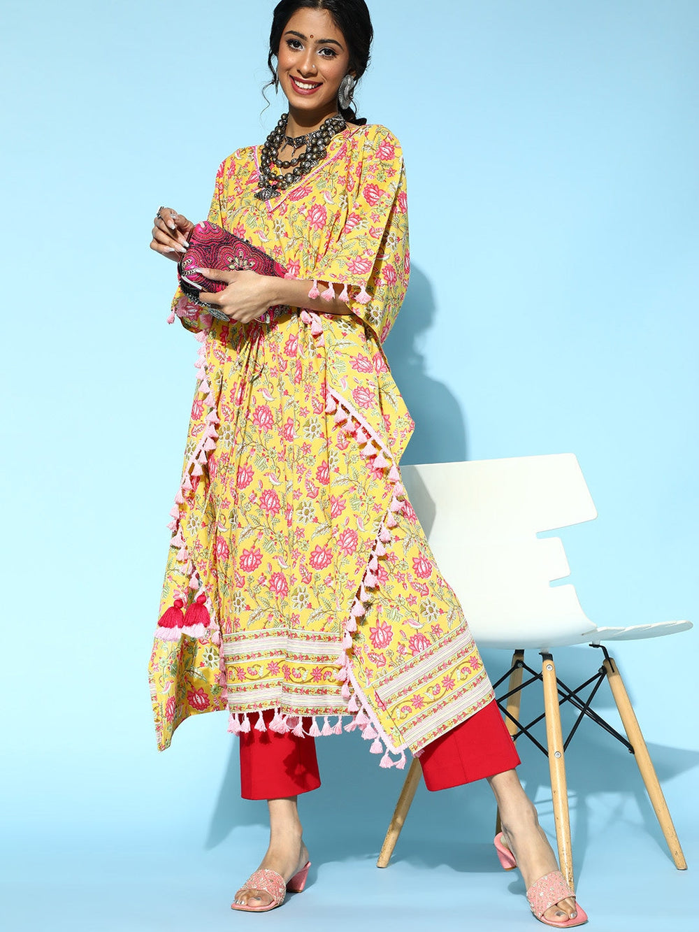 Bright-Yellow-Printed-Cotton-Kaftan-Kurta