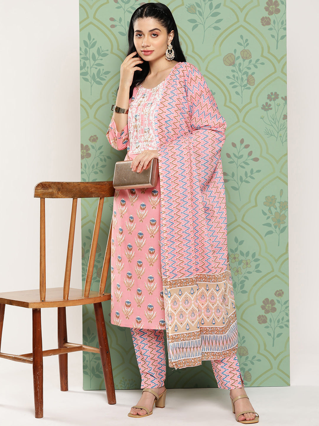 Floral-Embroidered-Regular-Pure-Cotton-Kurta-With-Trousers-&-Dupatta