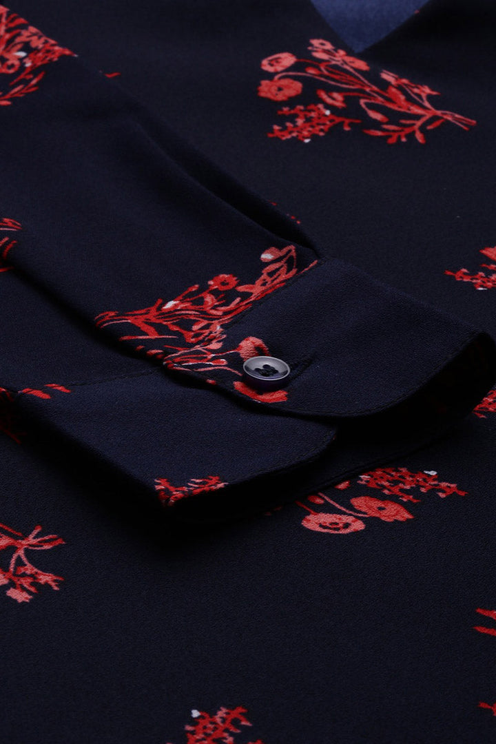 ZERESOUQ-Dark-Blue-&-Pink-Georgette-Floral-Printed-Top