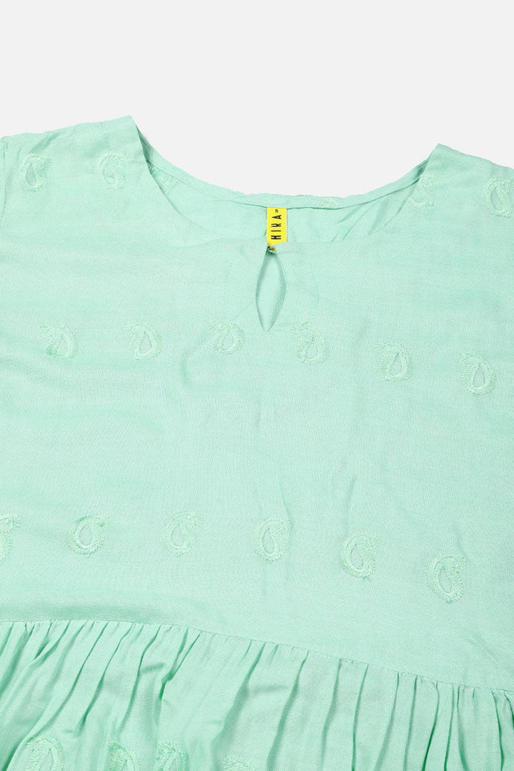 Solid Sea Green Cotton Schiffli Laced Long Dress