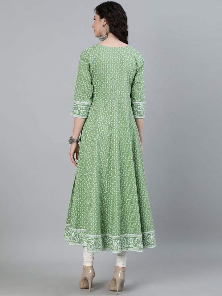 Laurel Green Printed Anarkali With Embroidered Yoke