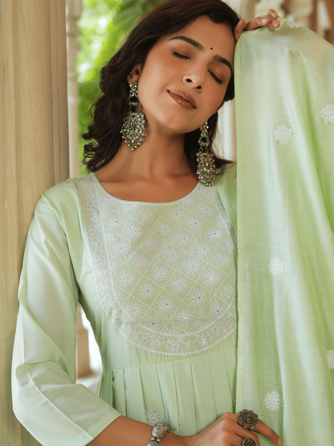 Green-Embroidered-Fit-And-Flare-Kurta-With-Trouser-And-Dupatta