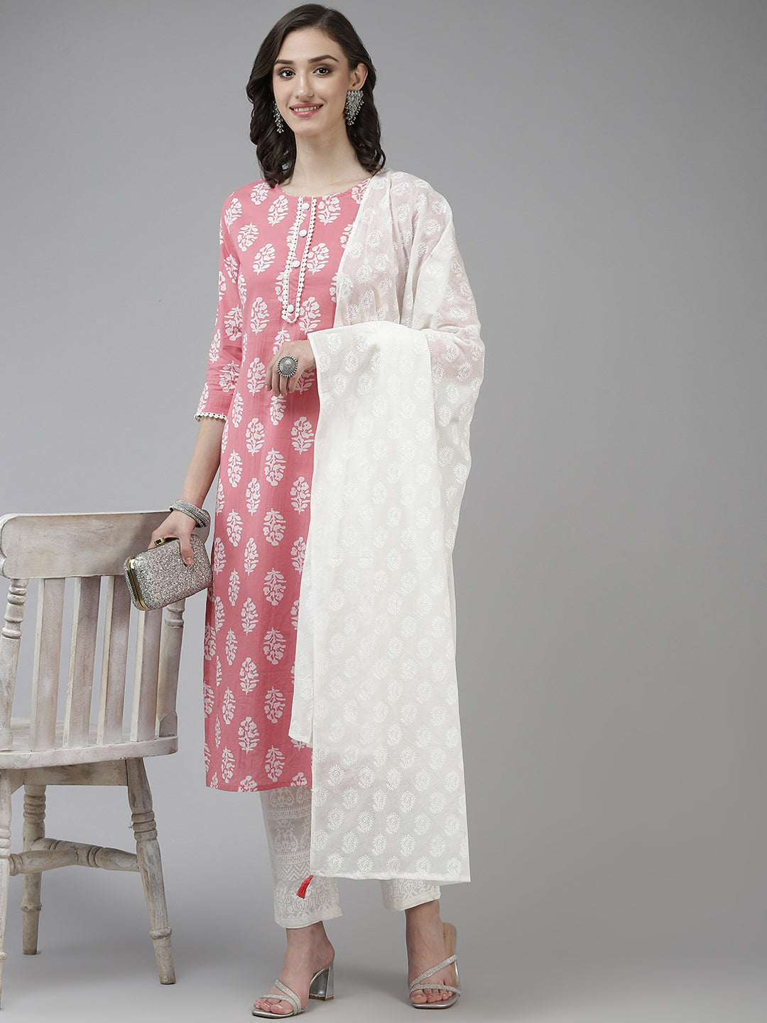 Pink-Ethnic-Printed-Straight-Pure-Cotton-Kurta-With-Trousers-And-Dupatta