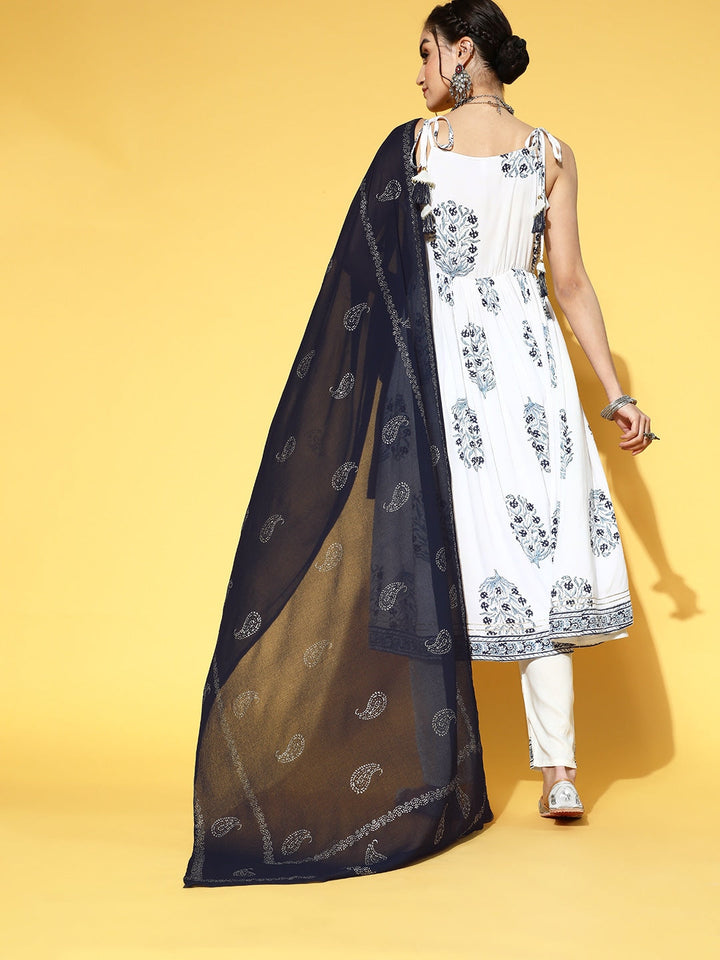 White & Blue Floral Printed Dupatta Set