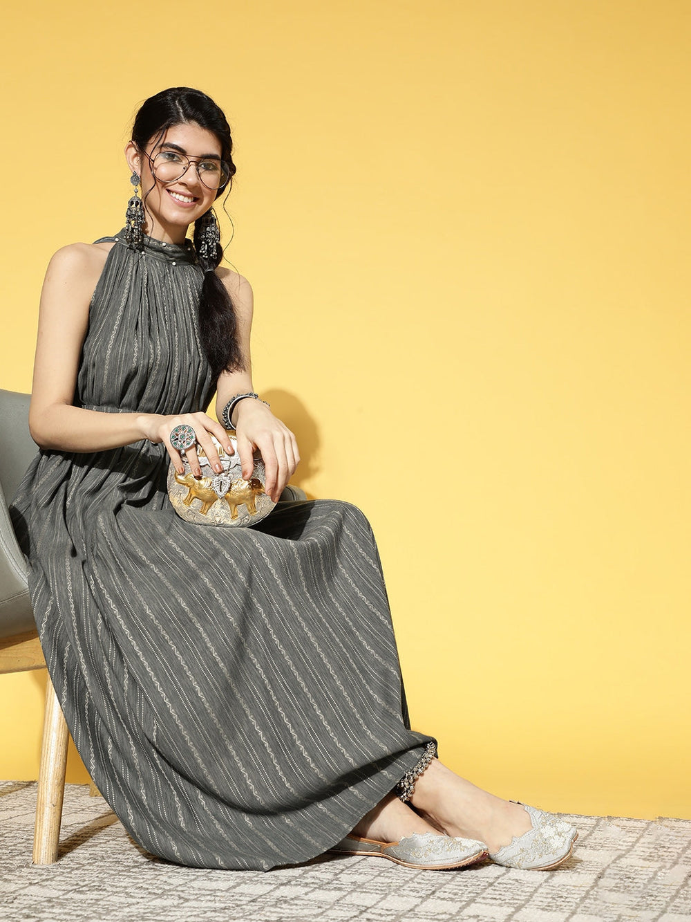 Grey & Off-White Striped Halter Neck Dress