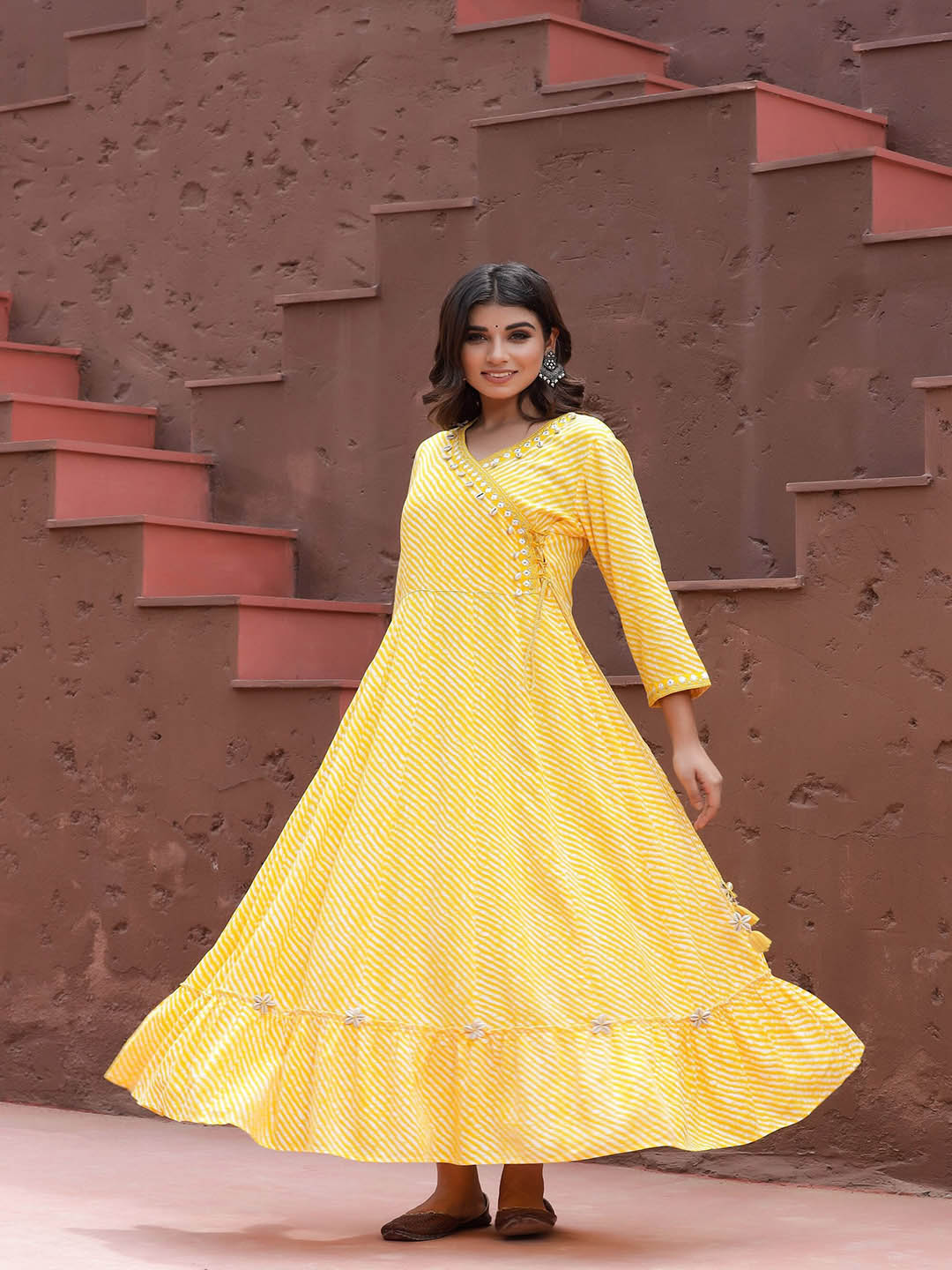 Yellow Lehariya Printed Dress