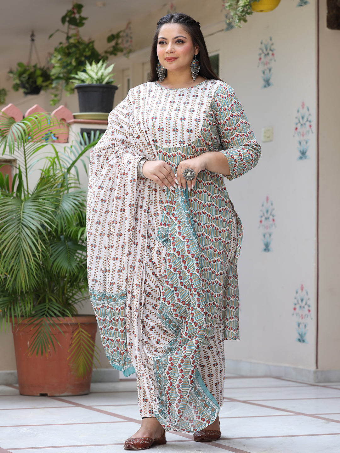 Floral Printed Pure Cotton Straight Kurta & Trousers With Dupatta