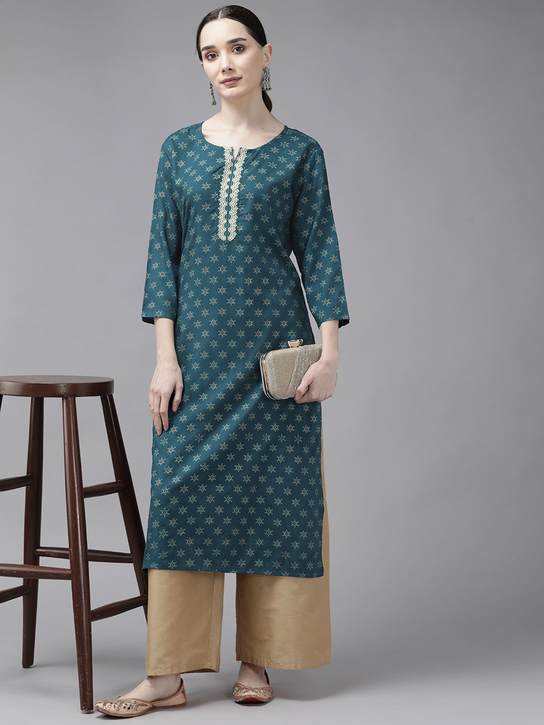 Teal-Printed-Thread-Work-Kurta