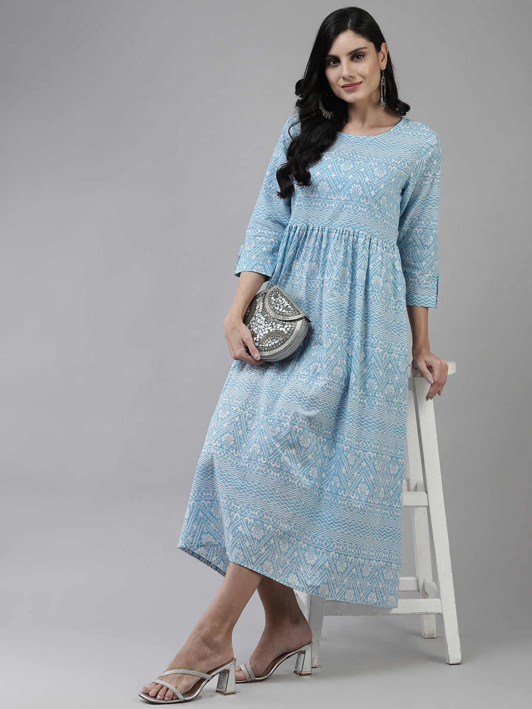 Blue-Cotton-Ethnic-Midi-Dress